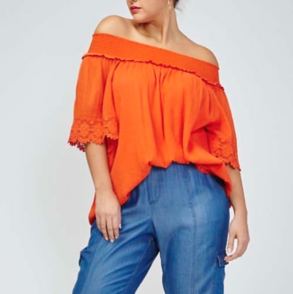Lane Bryant Tops - Lane Bryant Off Shoulder Crochet Trimed Top - Orange size 14/16